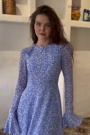 Woochic robe à manches longues à volants blancs à pois couture bleu S